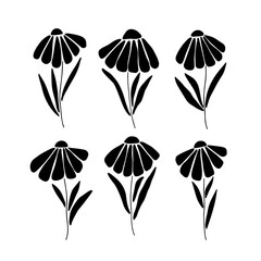 Daisy black flower silhouette set. Marguerite flat vector illustration isolated white background. Scandinavian style. Chamomile contemporary botanical print, modern design element, clipart.