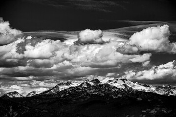 Breathtaking black and white view of mountains peaks and clouds in Whistler British Columbia, Canada