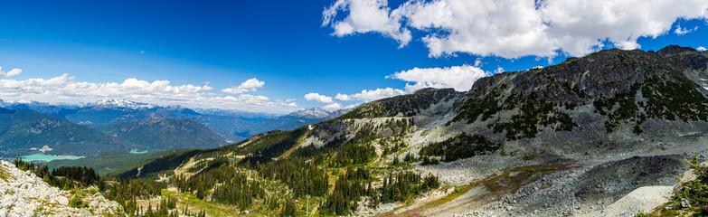 Panorama of the mountains in Whistler,  British Columbia, Canada in the summer and blue cloudy sky