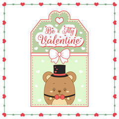 happy valentines day cute baby teddy bear drawing card tag with hearts