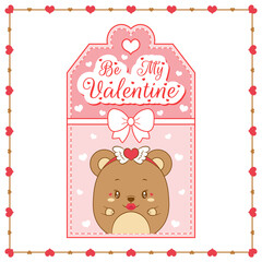 happy valentines day cute baby teddy bear drawing card tag with hearts