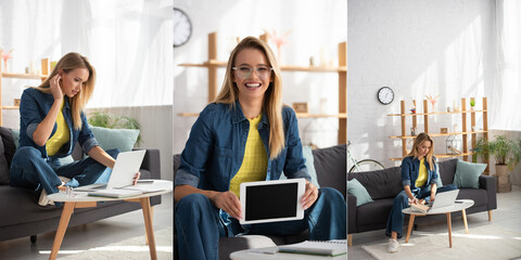 Collage of blonde woman showing digital tablet and looking at laptop while sitting on couch on blurred background