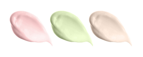 Different cream smears swatches smudges isolated. Cosmetic sunscreen, bb cc cream samples collection. Beauty skin care product drops variety. Body milk texture. Lotion, moisturizer, creamy cosmetic