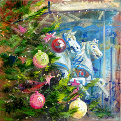 Christmas carousel with horses and a decorated tree, oil painting on canvas