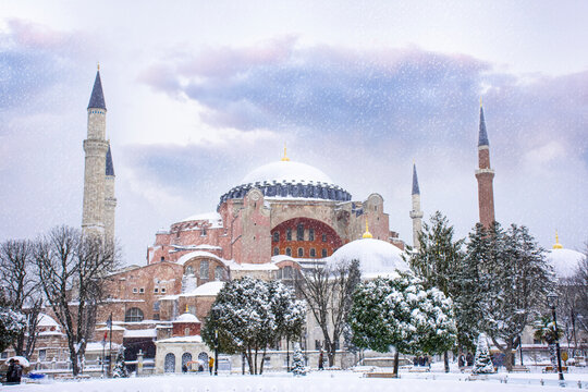 Hagia Sophia In Winter With Snow In Istanbul, Turkey