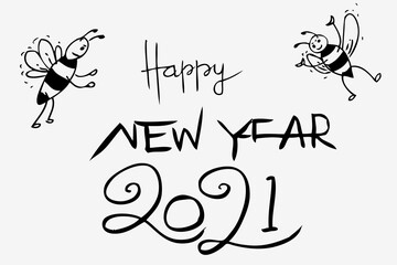 Outline Vector Hand Draw Sketch Lettering, Happy New Year 2021 with 2 bee