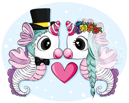 Couple Unicorn With Green Hair Vector Illustration. Cute Cartoon Seahorse Couple. Male And Female Sea Horses With Hearts.