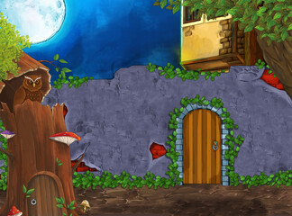 cartoon scene with bird owl with some mansion garden by night illustration