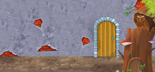 cartoon scene with bird owl castle room with wooden door illustration