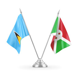 Burundi and Saint Lucia table flags isolated on white 3D rendering