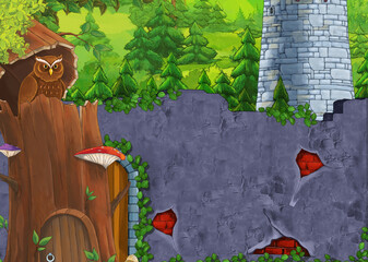 Cartoon happy scene of castle near the forest with bird owl illustration