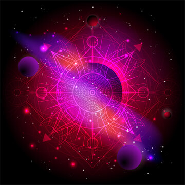 Vector illustration of Sacred geometric symbol against the space background with planets and stars. Mystic sign drawn in lines. Image in red color.