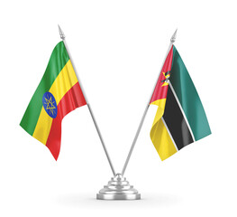 Mozambique and Ethiopia table flags isolated on white 3D rendering