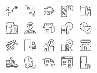 Fototapeta na wymiar Food delivery line icon set. Included the icons as Courier, Food Box, Mobile app, Messenger, and more. 
