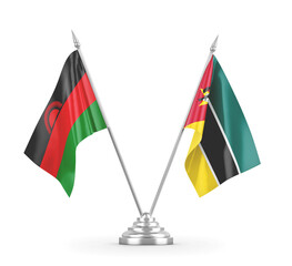 Mozambique and Malawi table flags isolated on white 3D rendering