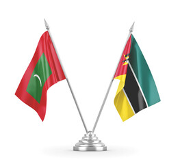 Mozambique and Maldives table flags isolated on white 3D rendering