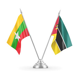 Mozambique and Myanmar table flags isolated on white 3D rendering