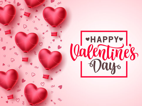 Happy valentines day vector template design. Valentines day greeting text typography in white space with heart air balloon elements in pattern background. Vector Illustration.
