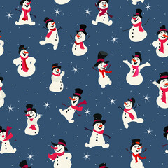 Seamless pattern with funny snowmen on blue background. Christmas seamless pattern with snowman on blue background, Winter pattern with snow and snowmen.