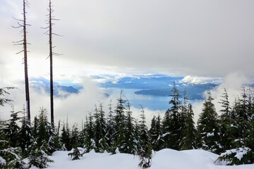 A beautiful view of the ocean and islands below of howe sound from the bowen lookout trail on Cypress Mountain, outside Vancouver, British Columbia, Canada