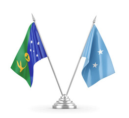 Micronesia and Christmas Island table flags isolated on white 3D rendering