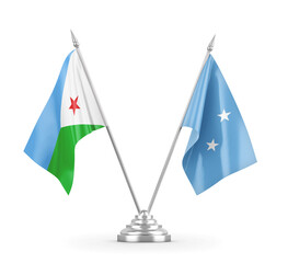 Micronesia and Djibouti table flags isolated on white 3D rendering