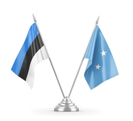 Micronesia and Estonia table flags isolated on white 3D rendering