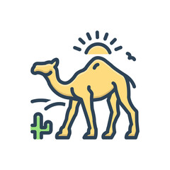 Color illustration icon for camel in desert with sun