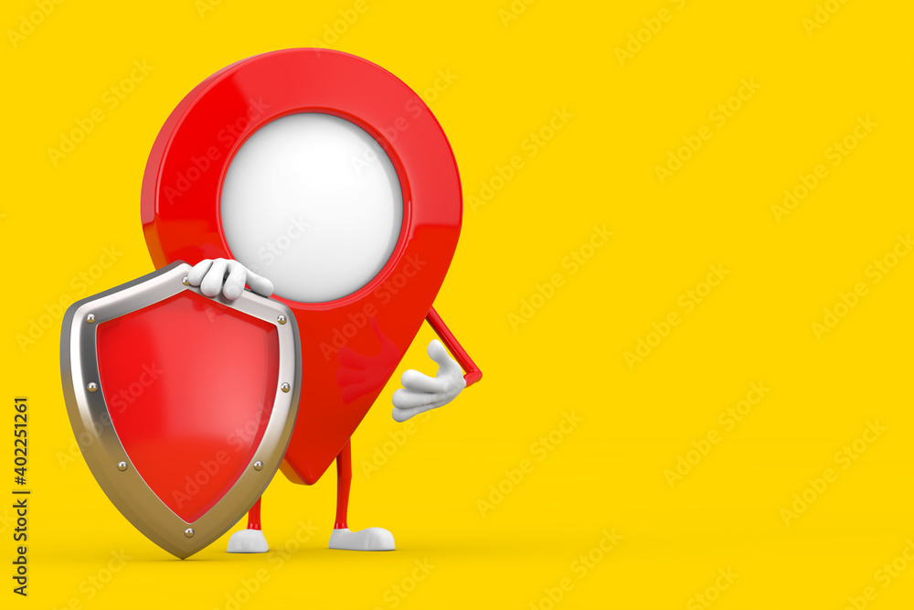 Poster Red Map Pointer Target Pin Character Mascot with Red Metal Protection Shield. 3d Rendering