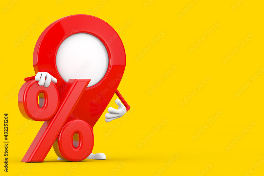 Fototapete red map pointer target pin character mascot with red retail percent sale or discount sign. 3d render