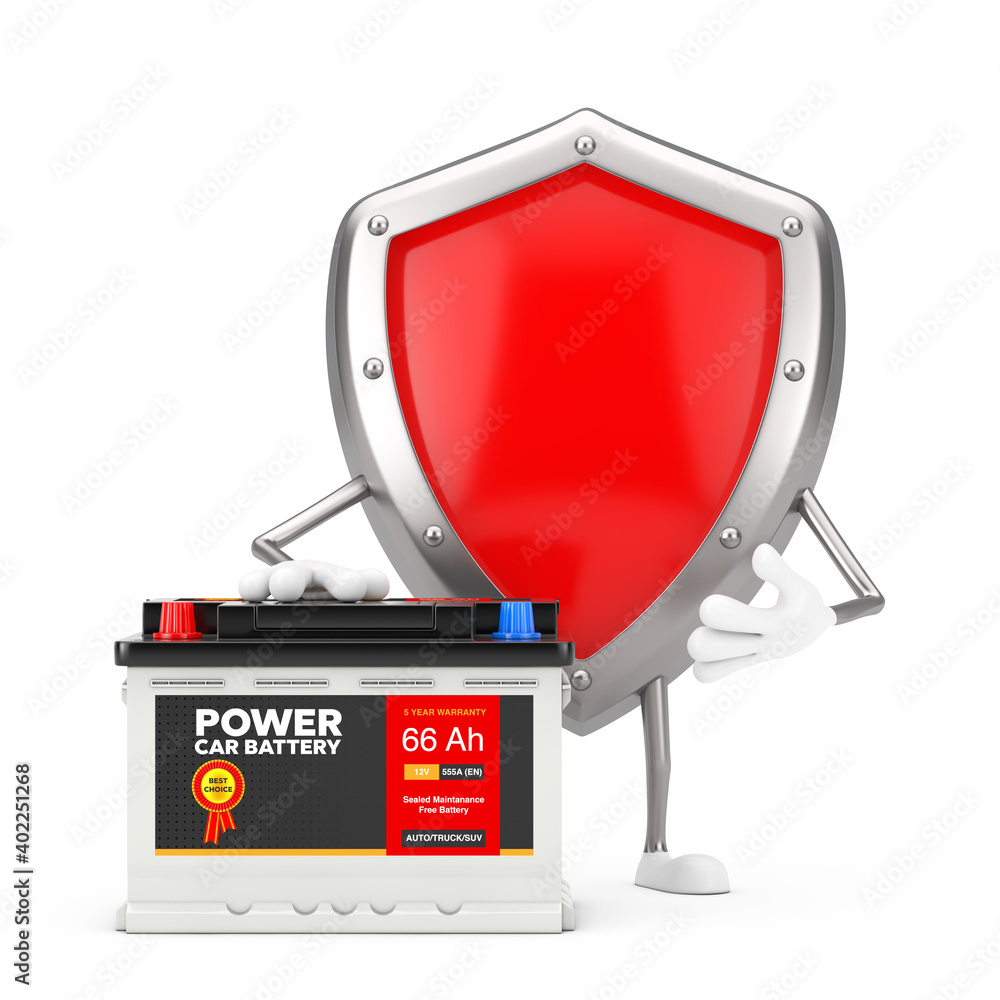 Poster red metal protection shield character mascot and rechargeable car battery 12v accumulator with abstr