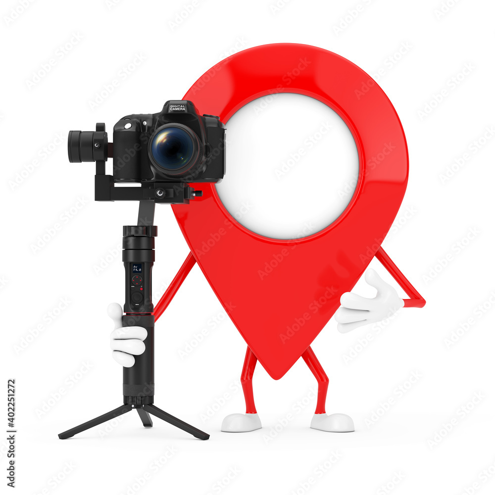 Leinwandbilder Map Pointer Pin Character Mascot with DSLR or Video Camera Gimbal Stabilization Tripod System. 3d Rendering