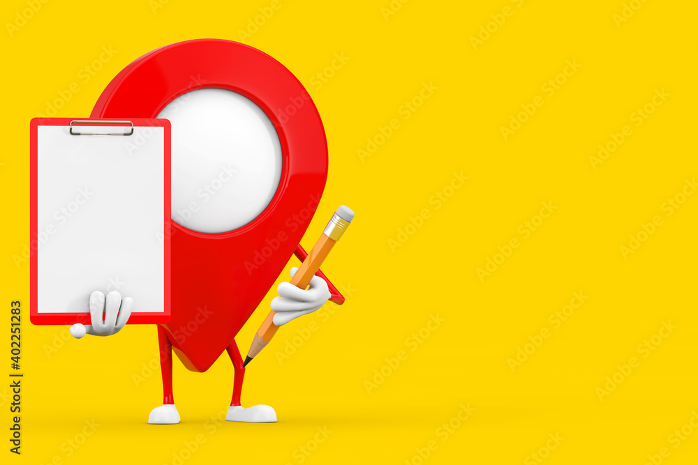Poster red map pointer target pin character mascot with red plastic clipboard, paper and pencil. 3d renderi