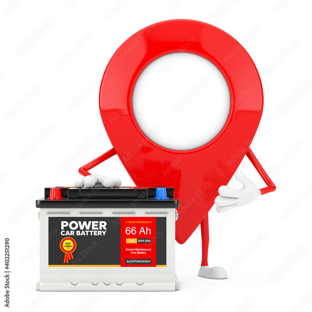 Fototapete map pointer pin character mascot and rechargeable car battery 12v accumulator with abstract label. 3