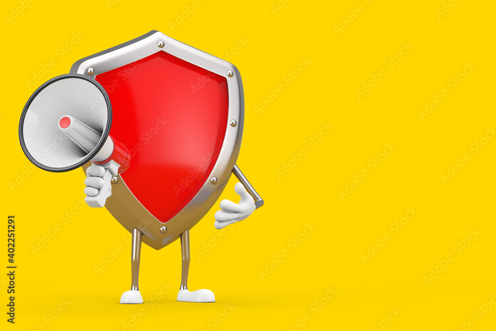 Aufkleber Red Metal Protection Shield Character Mascot with Red Retro Megaphone. 3d Rendering