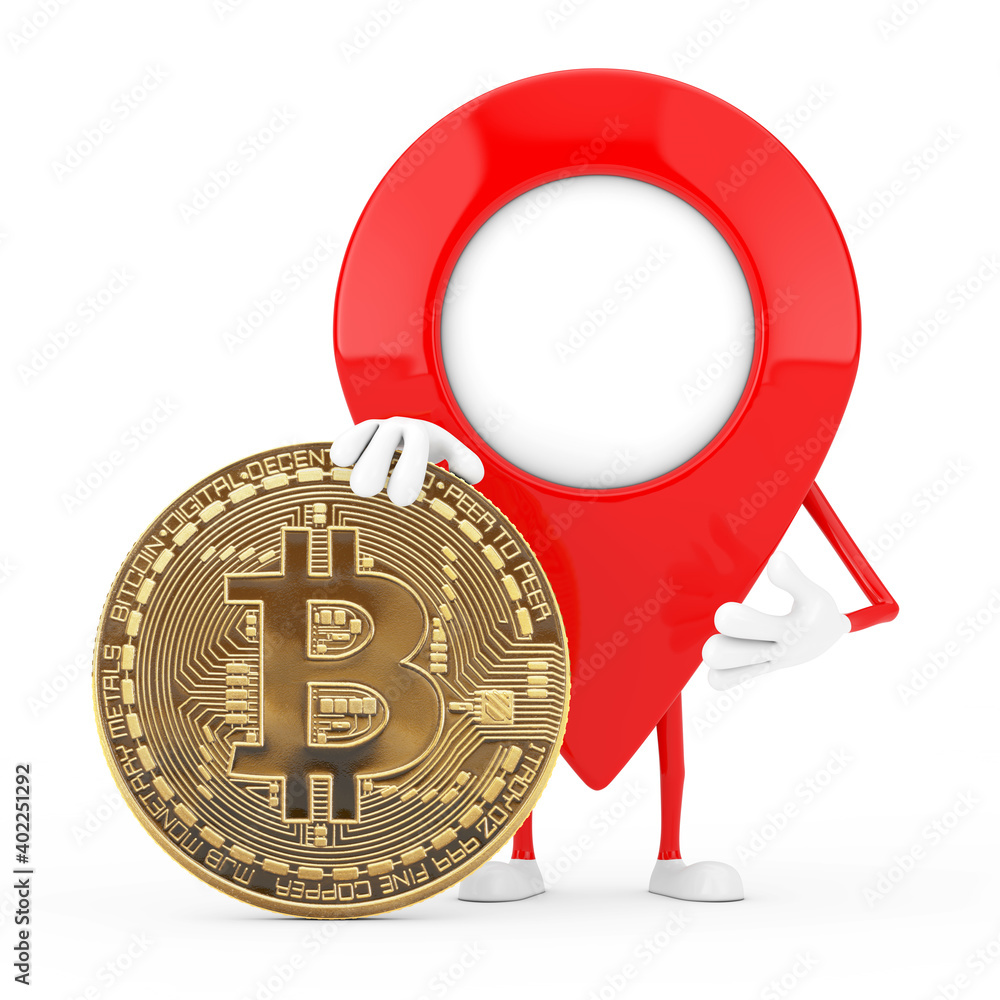 Poster map pointer pin character mascot with digital and cryptocurrency golden bitcoin coin. 3d rendering