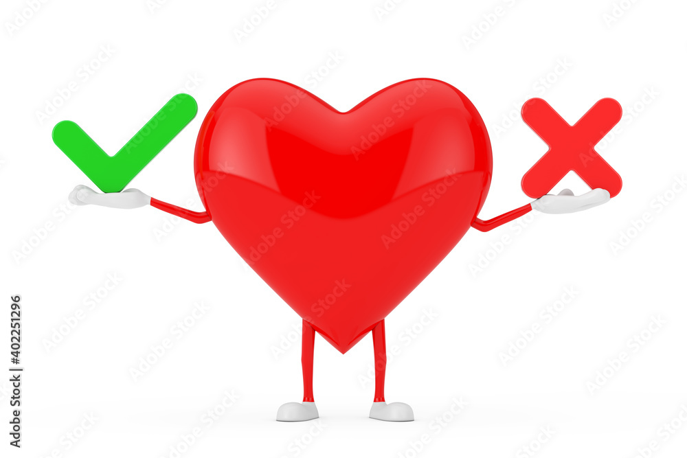 Aufkleber red heart character mascot with red cross and green check mark, confirm or deny, yes or no icon sign