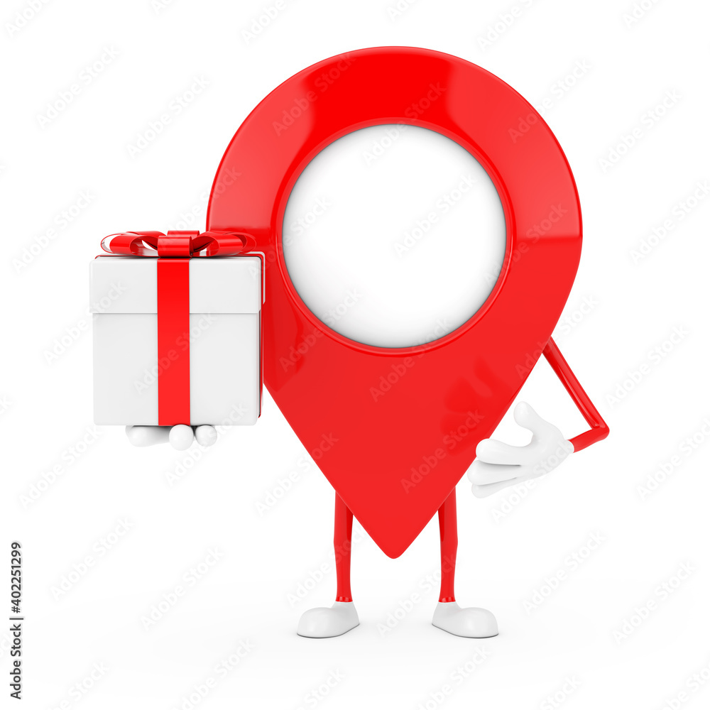 Poster Map Pointer Pin Character Mascot with Gift Box and Red Ribbon. 3d Rendering
