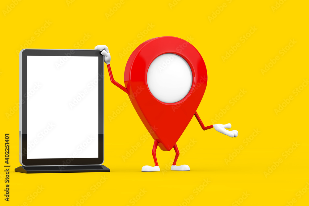 Poster red map pointer target pin character mascot with blank trade show lcd screen display stand as templa