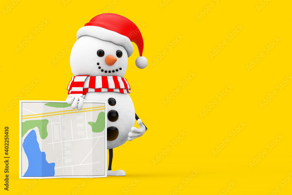 Poster snowman in santa claus hat character mascot with abstract city plan map. 3d rendering