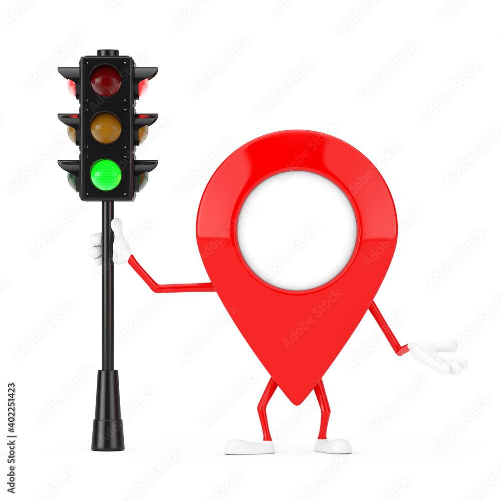 Leinwandbilder map pointer pin character mascot with traffic green light. 3d rendering