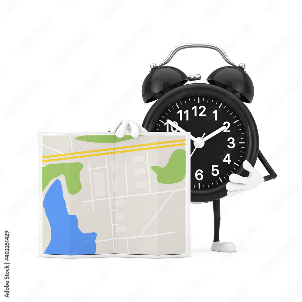 Fototapete alarm clock character mascot with abstract city plan map. 3d rendering