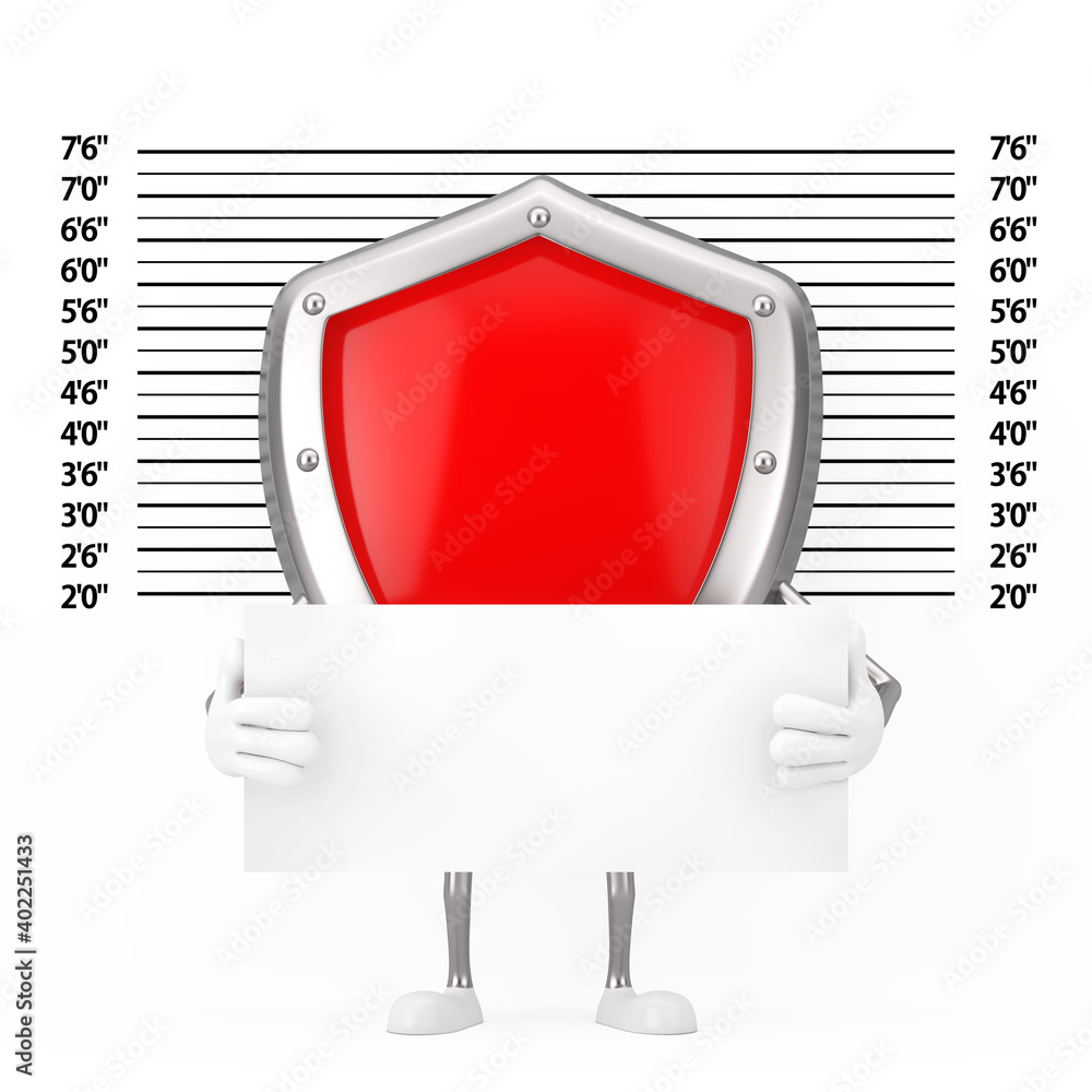 Poster red metal protection shield character mascot with identification plate in front of police lineup or 