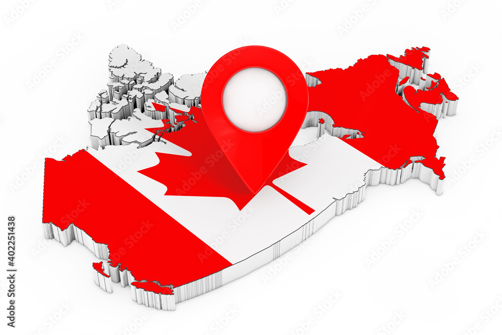 Leinwandbilder Map Pointer Pin over Map with Canadian Flag. 3d Rendering