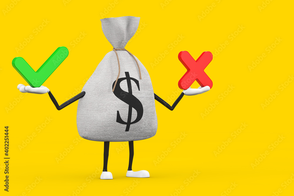 Aufkleber tied rustic canvas linen money sack or money bag and dollar sign character mascot with red cross and