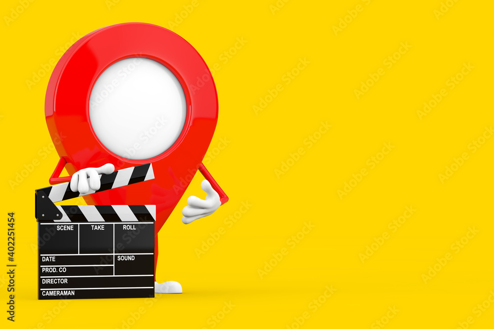 Poster Map Pointer Pin Character Mascot with Movie Clapper Board. 3d Rendering