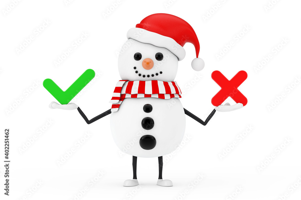 Aufkleber snowman in santa claus hat character mascot with red cross and green check mark, confirm or deny, ye