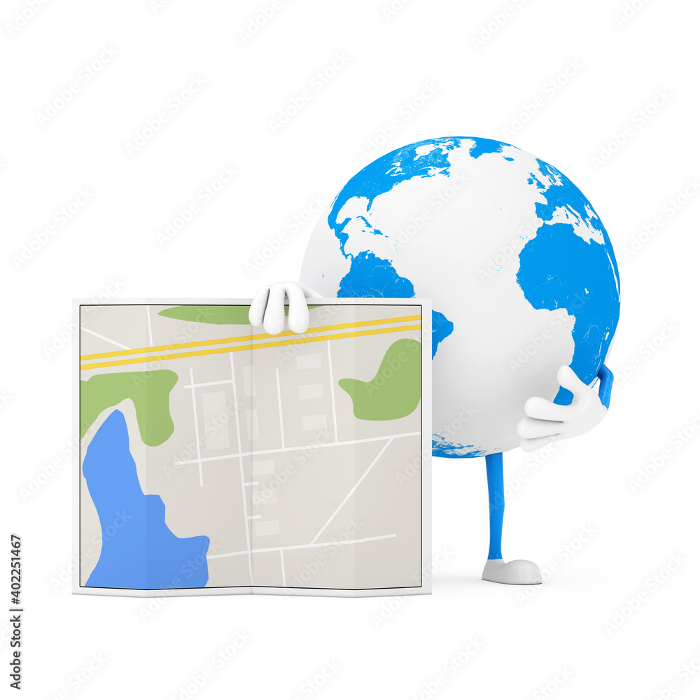 Aufkleber earth globe character mascot with abstract city plan map. 3d rendering