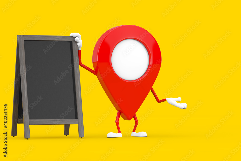 Fototapete map pointer pin character mascot with blank wooden menu blackboards outdoor display. 3d rendering