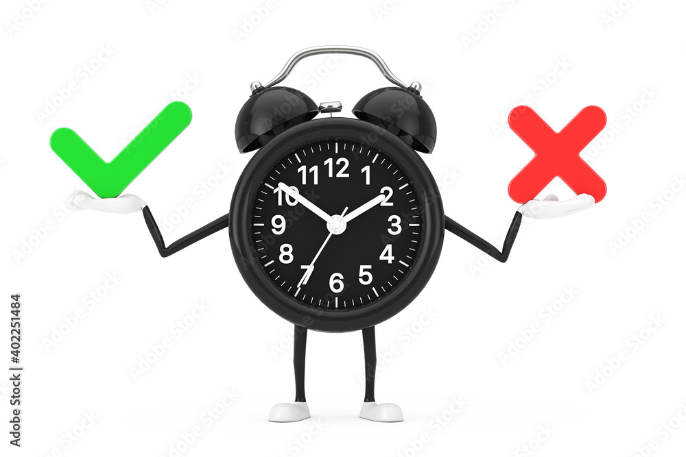 Leinwandbilder alarm clock character mascot with red cross and green check mark, confirm or deny, yes or no icon si